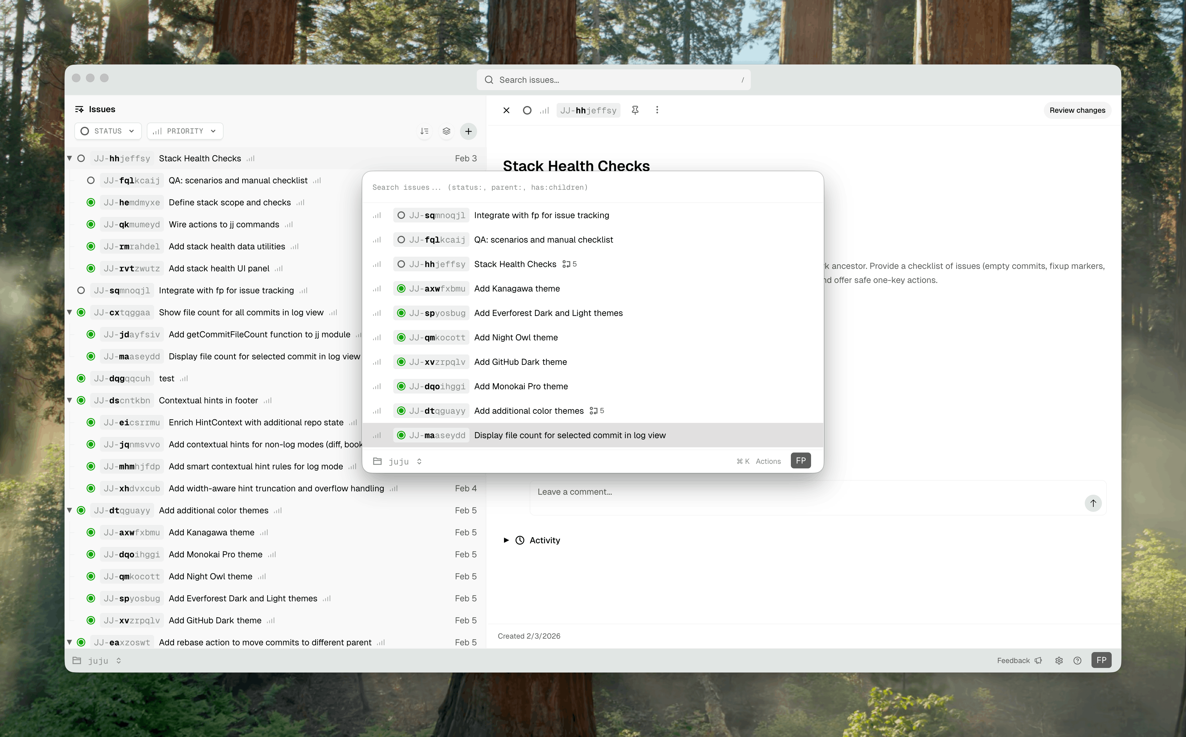 fp for Mac showing issue tree view with spotlight-like command palette
