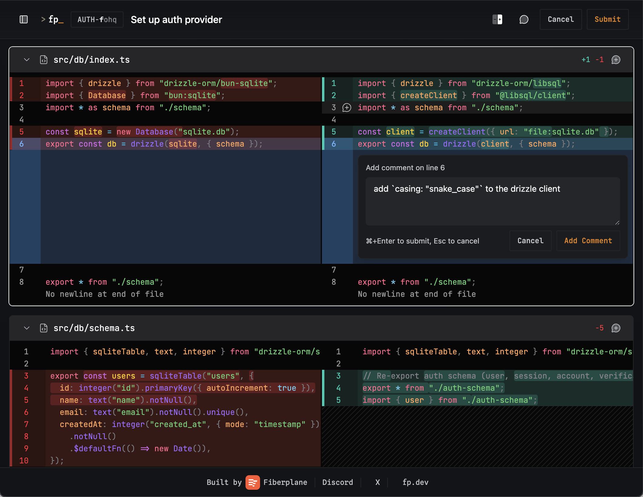 fp review UI showing a diff view with inline commenting